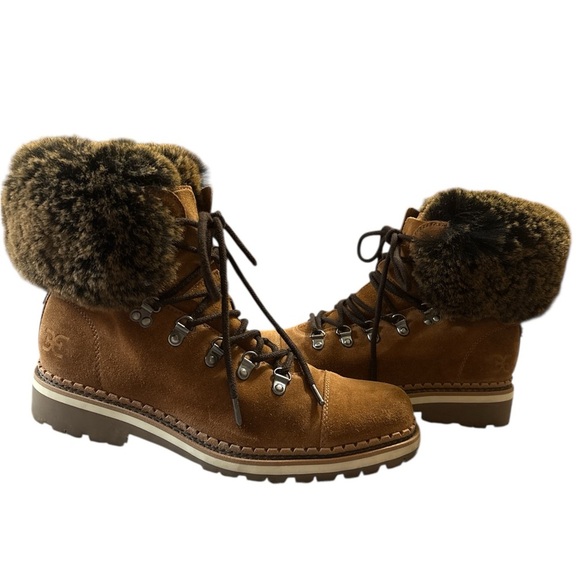 Sam Edelman Bowen Brown Suede Faux Fur Lace Up Boots in Luggage Brown Sz. 9.5 - Picture 7 of 16